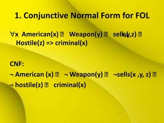 1. Conjunctive Normal Form for FOL
x American(x) ˄ Weapon(y) ˄ sells(x,y,z) ˄
Hostile(z) => criminal(x)
CNF:
¬ American (x) ˄ ¬ Weapon(y) ˄ ¬sells(x ,y, z) ˄
¬ hostile(z) ˄ criminal(x)
 