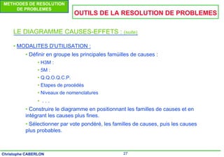 27
Christophe CABERLON
METHODES DE RESOLUTION
DE PROBLEMES
OUTILS DE LA RESOLUTION DE PROBLEMES
LE DIAGRAMME CAUSES-EFFETS : (suite)
• MODALITES D'UTILISATION :
• Définir en groupe les principales famùilles de causes :
• H3M :
• 5M :
• Q.Q.O.Q.C.P.
• Etapes de procédés
• Niveaux de nomenclatures
• . . .
• Construire le diagramme en positionnant les familles de causes et en
intégrant les causes plus fines.
• Sélectionner par vote pondéré, les familles de causes, puis les causes
plus probables.
 
