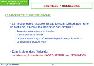 49
Christophe CABERLON
METHODES DE RESOLUTION
DE PROBLEMES
LA NECESSITE D'UNE DEMARCHE :
• Le modèle mathématique n'est pas toujours suffisant pour traîter
un problème; à l'école, les problèmes sont simples :
• Toutes les informations sont données
• Il existe une seule solution
• Le plus souvent, il n'y a qu'une seule façon de trouver la solution
• La solution est toujours vraie
• Dans la vie et dans l'industrie,
on raisonne plus en terme d'ADEQUATION que d'EQUATION
SYNTHESE / CONCLUSION
 