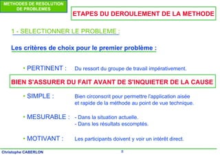 8
Christophe CABERLON
METHODES DE RESOLUTION
DE PROBLEMES
ETAPES DU DEROULEMENT DE LA METHODE
1 - SELECTIONNER LE PROBLEME :
Les critères de choix pour le premier problème :
• PERTINENT : Du ressort du groupe de travail impérativement.
BIEN S'ASSURER DU FAIT AVANT DE S'INQUIETER DE LA CAUSE
• SIMPLE : Bien circonscrit pour permettre l'application aisée
et rapide de la méthode au point de vue technique.
• MESURABLE : - Dans la situation actuelle.
- Dans les résultats escomptés.
• MOTIVANT : Les participants doivent y voir un intérêt direct.
 