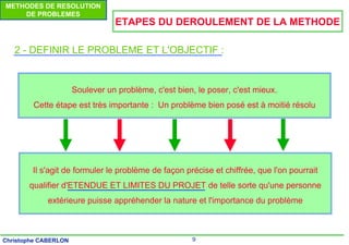 9
Christophe CABERLON
METHODES DE RESOLUTION
DE PROBLEMES
ETAPES DU DEROULEMENT DE LA METHODE
2 - DEFINIR LE PROBLEME ET L'OBJECTIF :
Soulever un problème, c'est bien, le poser, c'est mieux.
Cette étape est très importante : Un problème bien posé est à moitié résolu
Il s'agit de formuler le problème de façon précise et chiffrée, que l'on pourrait
qualifier d'ETENDUE ET LIMITES DU PROJET de telle sorte qu'une personne
extérieure puisse appréhender la nature et l'importance du problème
 
