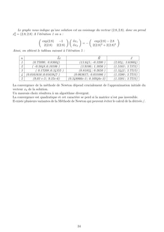 Le graphe nous indique qu’une solution est au voisinage du vecteur (2.8, 2.8). donc on prend
x0
0 = (2.8; 2.8) A l’it´eration 1 on a :
exp(2.8) −1
2(2.8) 2(2.8)
δx1
δx2
= −
exp(2.8) − 2.8
2(2.8)2
+ 2(2.8)2
Ainsi, on obtient le tableau suivant `a l’it´eration 5 :
n δx R x
1 (0.77890 ; 0.83604) (13.645 ; -0.3200 ) (2.024 ; 3.63604)
2 ( -0.5048 ;0.10106 ) (3.9106 ; 1.3056 ) (1.5163 ; 3.7371)
3 ( 0.17208 ;0.34355 ) (0.81824 ; 0.2650 ) (1.3442 ; 3.7715)
4 (0.0161616 ;0.0163847 ) (0.063617 ; 0.031086 ) (1.3280 ; 3.7731)
5 (9,03 e-5 ; 9.25e-6) (0.348866e-3 ; 0.16946e-3) (1.3281 ; 3.7731)
La convergence de la m´ethode de Newton d´epend crucialement de l’approximation initiale du
vecteur x0 de la solution.
Un mauvais choix r´esultera `a un algorithme divergent.
La convergence est quadratique et cet caract`ere se perd si la matrice n’est pas inversible.
Il existe plusieurs variantes de la M´ethode de Newton qui peuvent ´eviter le calcul de la d´eriv´ee./.
34
 