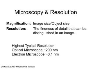 OU NanoLab/NSF NUE/Bumm & Johnson
Microscopy & Resolution
Magnification: Image size/Object size
Resolution: The fineness of detail that can be
distinguished in an image.
Highest Typical Resolution
Optical Microscope ~200 nm
Electron Microscope ~0.1 nm
 