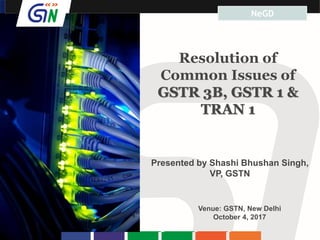 Designed and Developed by
Presented by Shashi Bhushan Singh,
VP, GSTN
Venue: GSTN, New Delhi
October 4, 2017
Resolution of
Common Issues of
GSTR 3B, GSTR 1 &
TRAN 1
NeGD
 
