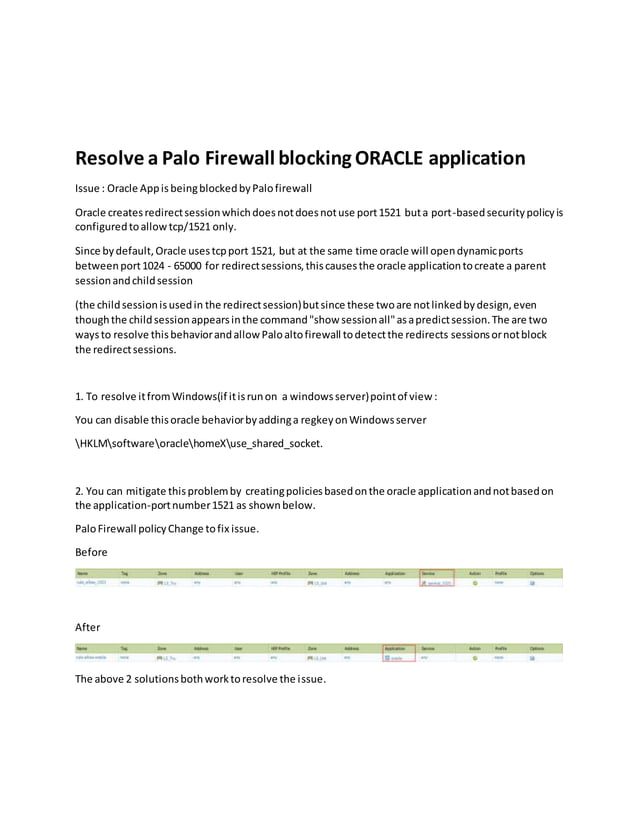 Resolve a Palo Alto firewall blocking oracle application. | DOCX