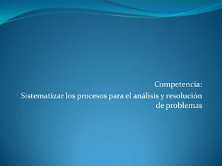 Competencia:   Sistematizar los procesos para el análisis y resolución de problemas   