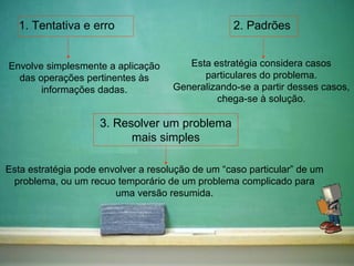 1. Tentativa e erro 2. Padrões Envolve simplesmente a aplicação das operações pertinentes às informações dadas. Esta estratégia considera casos particulares do problema. Generalizando-se a partir desses casos, chega-se à solução. 3. Resolver um problema mais simples Esta estratégia pode envolver a resolução de um “caso particular” de um problema, ou um recuo temporário de um problema complicado para uma versão resumida. 