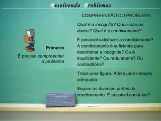 R esolvendo  P roblemas Primeiro É preciso  compreender  o problema COMPREENSÃO DO PROBLEMA Qual é a incógnita? Quais são os dados? Qual é a condicionante? É possível satisfazer a condicionante? A condicionante é suficiente para determinar a incógnita? Ou é insuficiente? Ou redundante? Ou contraditória? Trace uma figura. Adote uma notação adequada. Separe as diversas partes da condicionante. É possível anotá-las? 