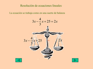 Resolución de ecuaciones lineales La ecuación se trabaja como en una suerte de balanza = 