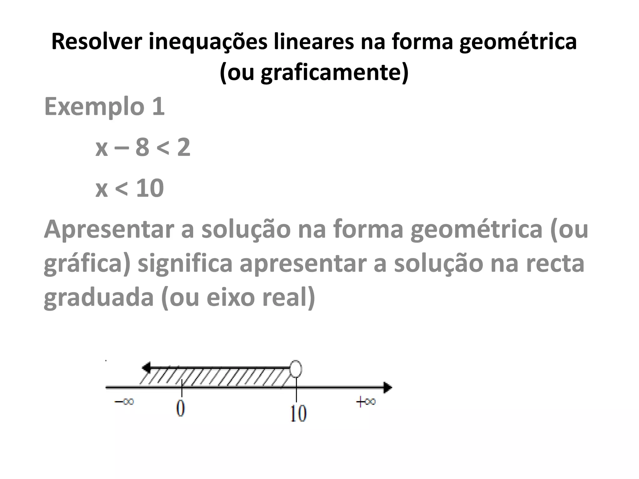 Resolver inequações lineares na forma geométrica
(ou graficamente)
Exemplo 1
x – 8 < 2
x < 10
Apresentar a solução na forma geométrica (ou
gráfica) significa apresentar a solução na recta
graduada (ou eixo real)