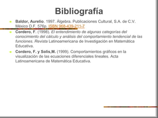 Bibliografía
 Baldor, Aurelio. 1997. Álgebra. Publicaciones Cultural, S.A. de C.V.
México D.F. 576p. ISBN 968-439-211-7
...