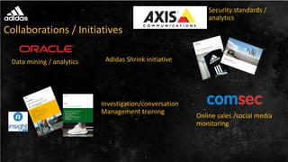 Collaborations / Initiatives
Data mining / analytics
Online sales /social media
monitoring
Security standards /
analytics
Investigation/conversation
Management training
Adidas Shrink initiative
 
