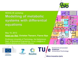 RESOLVE workshop
May 15, 2013
Natal van Riel, Christian Tiemann, Fianne Sips
Eindhoven University of Technology, the Netherlands
Dept. of Biomedical Engineering, n.a.w.v.riel@tue.nl
Systems Medicine and Metabolic Diseases
 