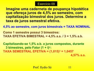 Prof. Ilydio Sá 11
Exercício 09
Imagine uma caderneta de poupança hipotética
que ofereça juros de 4,5% ao semestre, com
capitalização bimestral dos juros. Determine a
taxa de juros semestral efetiva.
4,5% ao semestre, com juros bimestrais = TAXA NOMINAL
Como 1 semestre possui 3 bimestres:
TAXA EFETIVA BIMESTRAL = 4,5% a.s. / 3 = 1,5% a.b.
Capitalizando-se 1,5% a.b. a juros compostos, durante
3 bimestres, pelo Fator (1 + i)n
:
TAXA SEMESTRAL EFETIVA = (1,015)3
= 1,0457
4,57% a.s.
 