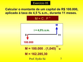 Prof. Ilydio Sá 7
Calcular o montante de um capital de R$ 100.000,
aplicado à taxa de 4,5 % a.m., durante 11 meses.
M = C . F
n
i = 4,5% a.m.
M
100.000
0 11
Exercício 05
M = 100.000 . (1,045)
11
=
M = 162.285,30
 