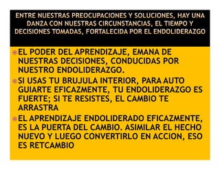 EL PODER DEL APRENDIZAJE, EMANA DE
NUESTRAS DECISIONES, CONDUCIDAS POR
NUESTRO ENDOLIDERAZGO.
SI USAS TU BRUJULA INTERIOR, PARA AUTO
GUIARTE EFICAZMENTE, TU ENDOLIDERAZGO ES
FUERTE; SI TE RESISTES, EL CAMBIO TE
ARRASTRA
EL APRENDIZAJE ENDOLIDERADO EFICAZMENTE,
ES LA PUERTA DEL CAMBIO. ASIMILAR EL HECHO
NUEVO Y LUEGO CONVERTIRLO EN ACCION, ESO
ES RETCAMBIO

 