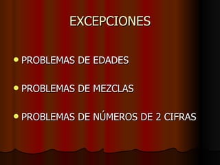 EXCEPCIONES PROBLEMAS DE EDADES PROBLEMAS DE MEZCLAS PROBLEMAS DE NÚMEROS DE 2 CIFRAS 