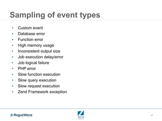 14
Sampling of event types
• Custom event
• Database error
• Function error
• High memory usage
• Inconsistent output size
• Job execution delay/error
• Job logical failure
• PHP error
• Slow function execution
• Slow query execution
• Slow request execution
• Zend Framework exception
 