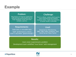 15
Example
Results:
Users never experienced a problem
Development team solidified “trust factor” with management
Requirements:
Stale data is unusable data
“Soft” performance criteria
(user’s say when “good enough”)
Problem:
New feature of internal application
suffered slow performance due to
large database result sets from
complex queries.
Challenge:
Prior to rollout, isolate which queries
were experiencing the slowest
response times, make improvements,
& cache results if possible
Used:
Zend Server Monitoring,
IBM i DB2 index analyzer, and
Zend Server Data Cache
 