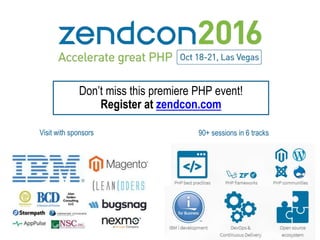 38
Don’t miss this premiere PHP event!
Register at zendcon.com
Visit with sponsors 90+ sessions in 6 tracks
 