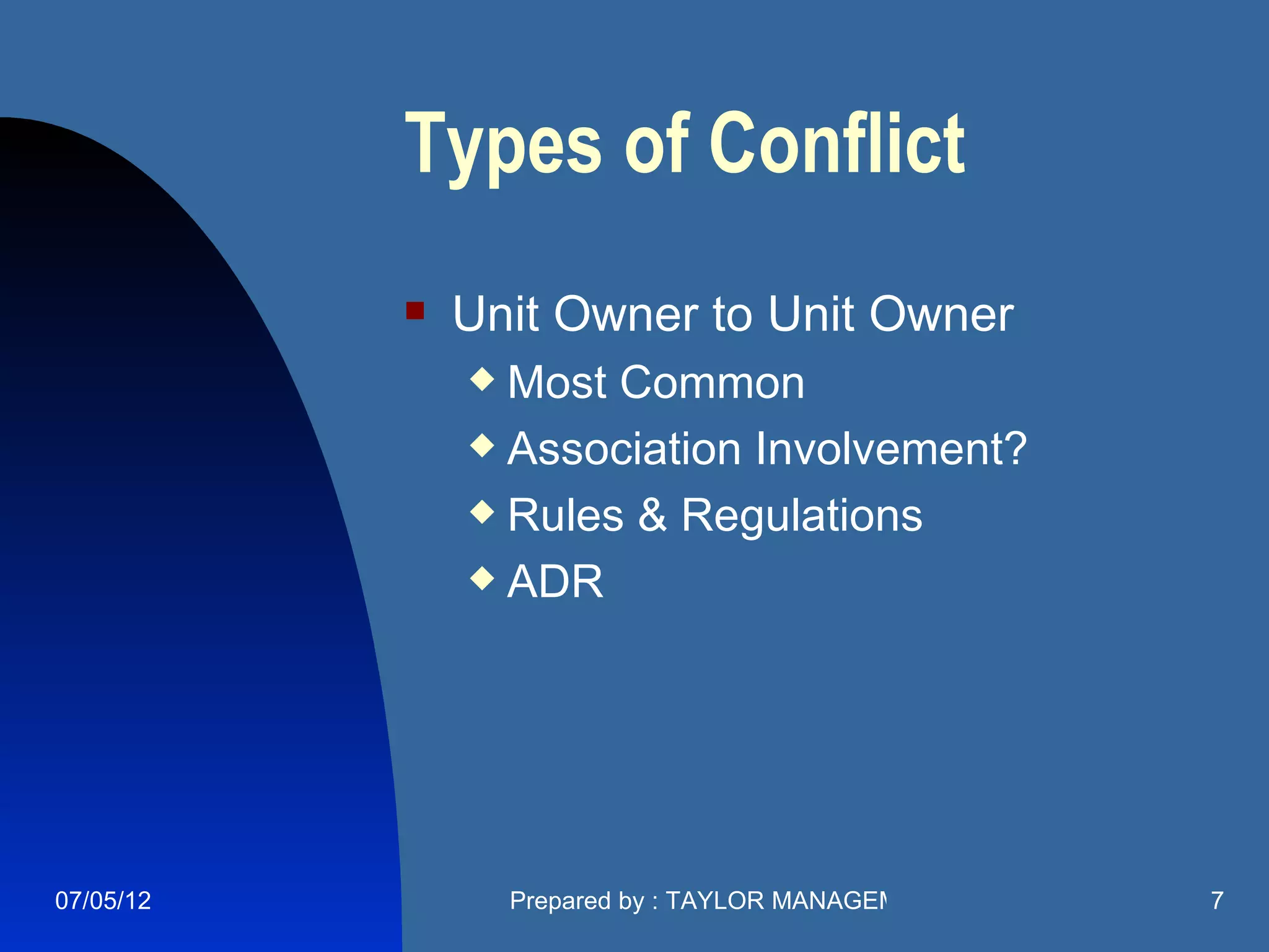 Types of Conflict
              Unit Owner to Unit Owner
                Most Common
                Association Involvement?

                Rules & Regulations

                ADR




07/05/12           Prepared by : TAYLOR MANAGEMENT COMPANY   7
 