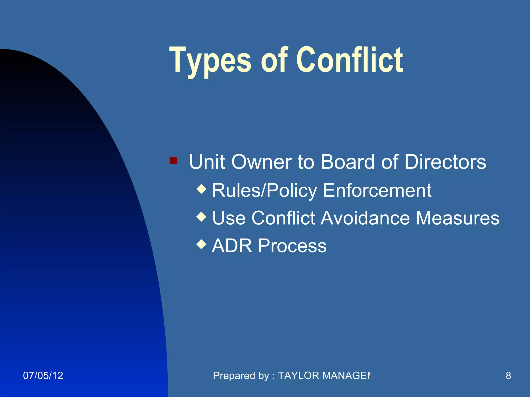 Types of Conflict

              Unit Owner to Board of Directors
                Rules/Policy Enforcement
                Use Conflict Avoidance Measures

                ADR Process




07/05/12           Prepared by : TAYLOR MANAGEMENT COMPANY   8
 