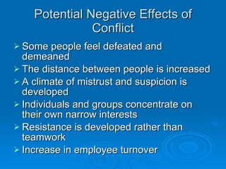 Potential Negative Effects of Conflict Some people feel defeated and demeaned The distance between people is increased A climate of mistrust and suspicion is developed Individuals and groups concentrate on their own narrow interests Resistance is developed rather than teamwork Increase in employee turnover 