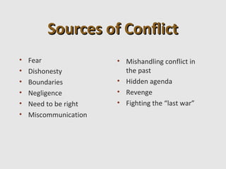 Sources of Conflict
•   Fear               • Mishandling conflict in
•   Dishonesty           the past
•   Boundaries         • Hidden agenda
•   Negligence         • Revenge
•   Need to be right   • Fighting the “last war”
•   Miscommunication
 