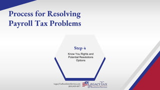 LegacyTaxResolutionServices.com
(855) 829-5877
Know You Rights and
Potential Resolutions
Options
Step 4
Process for Resolving
Payroll Tax Problems
 