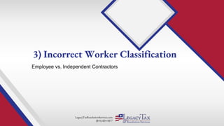 LegacyTaxResolutionServices.com
(855) 829-5877
Employee vs. Independent Contractors
3) Incorrect Worker Classification
 