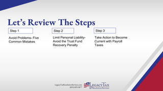 LegacyTaxResolutionServices.com
(855) 829-5877
Let’s Review The Steps
Limit Personal Liability-
Avoid the Trust Fund
Recovery Penalty
Step 1 Step 2
Avoid Problems- Five
Common Mistakes
Take Action to Become
Current with Payroll
Taxes
Step 3
 