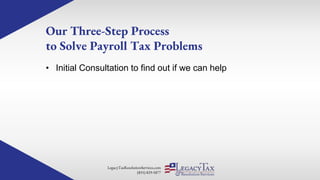 LegacyTaxResolutionServices.com
(855) 829-5877
Our Three-Step Process
to Solve Payroll Tax Problems
• Initial Consultation to find out if we can help
 