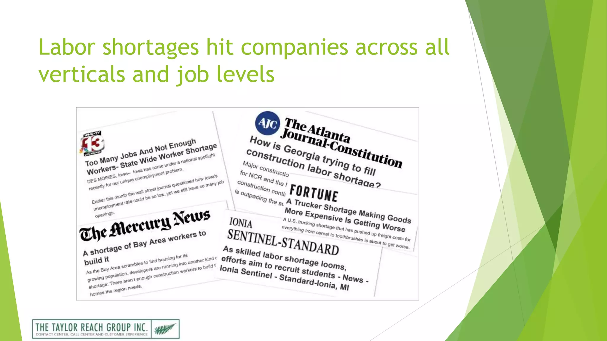 Labor shortages hit companies across all
verticals and job levels
 