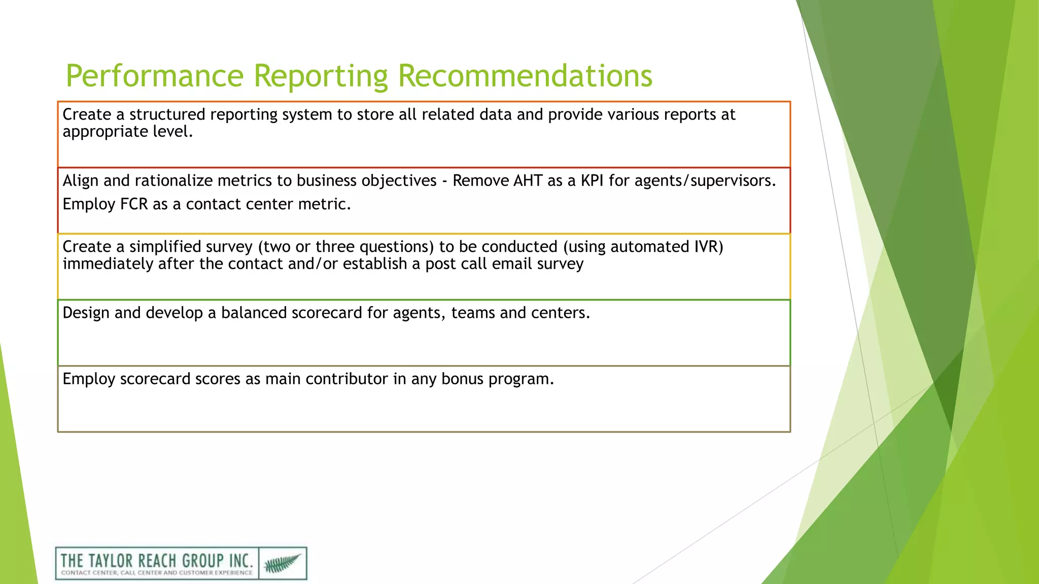 Performance Reporting Recommendations
Create a structured reporting system to store all related data and provide various reports at
appropriate level.
Align and rationalize metrics to business objectives - Remove AHT as a KPI for agents/supervisors.
Employ FCR as a contact center metric.
Create a simplified survey (two or three questions) to be conducted (using automated IVR)
immediately after the contact and/or establish a post call email survey
Design and develop a balanced scorecard for agents, teams and centers.
Employ scorecard scores as main contributor in any bonus program.
 