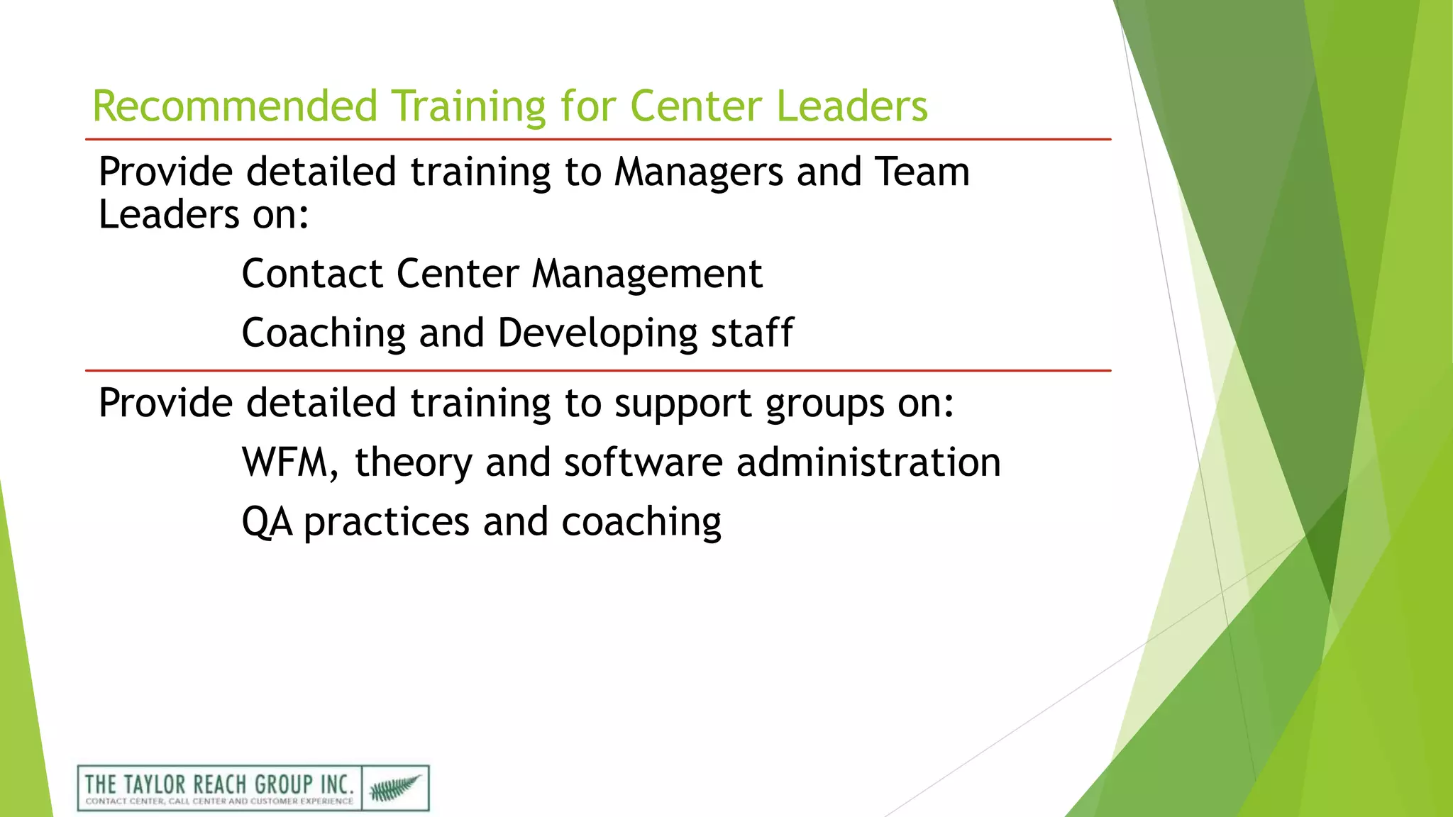 Recommended Training for Center Leaders
Provide detailed training to Managers and Team
Leaders on:
Contact Center Management
Coaching and Developing staff
Provide detailed training to support groups on:
WFM, theory and software administration
QA practices and coaching
 