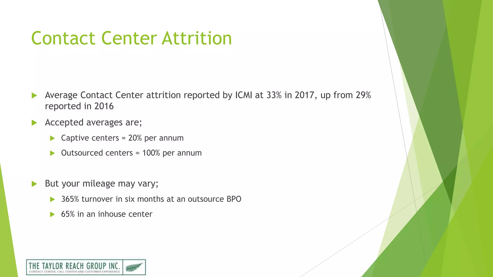 Contact Center Attrition
 Average Contact Center attrition reported by ICMI at 33% in 2017, up from 29%
reported in 2016
 Accepted averages are;
 Captive centers = 20% per annum
 Outsourced centers = 100% per annum
 But your mileage may vary;
 365% turnover in six months at an outsource BPO
 65% in an inhouse center
 
