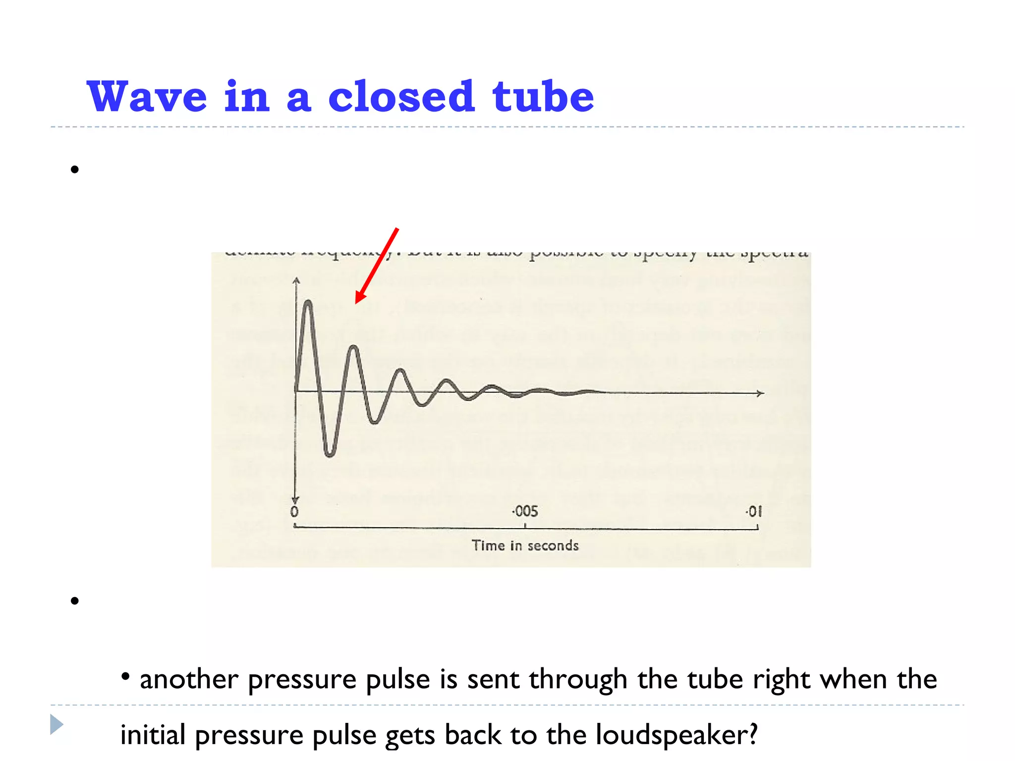 Wave in a closed tube With only one pressure pulse from the loudspeaker, the wave will eventually dampen and die out What happens when: another pressure pulse is sent through the tube right when the initial pressure pulse gets back to the loudspeaker? 