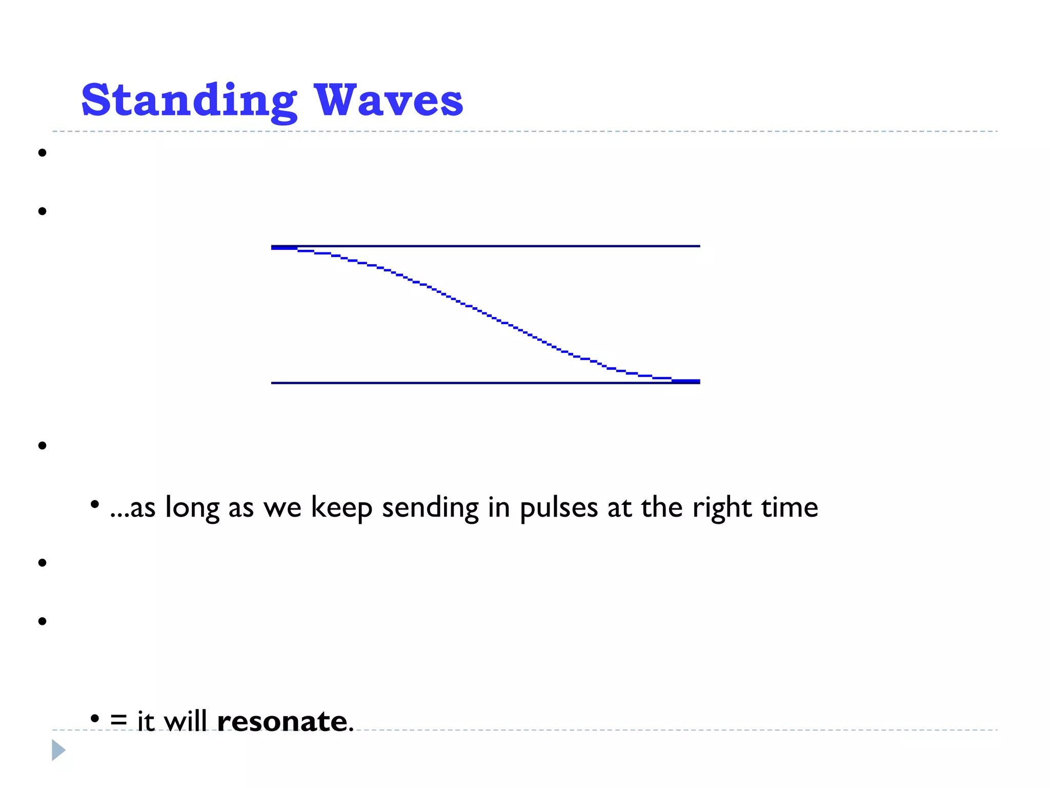 Standing Waves The initial pressure peak will be reinforced The whole pattern will repeat itself Alternation between high and low pressure will continue ...as long as we keep sending in pulses at the right time This creates what is known as a  standing wave. When this happens, the tube will vibrate in response to the motion of the standing wave inside of it. = it will  resonate . 