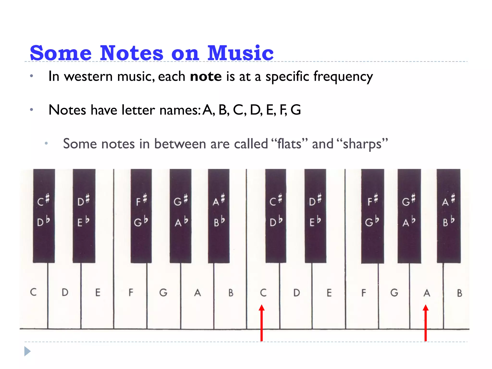 Some Notes on Music In western music, each  note  is at a specific frequency Notes have letter names: A, B, C, D, E, F, G Some notes in between are called “flats” and “sharps” 261.6 Hz 440 Hz 