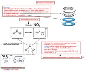 Delocalizationof electrons
Resonance structuresnitrite ion

2NO
resonance structure 1 resonance structure 2
resonance hyb...