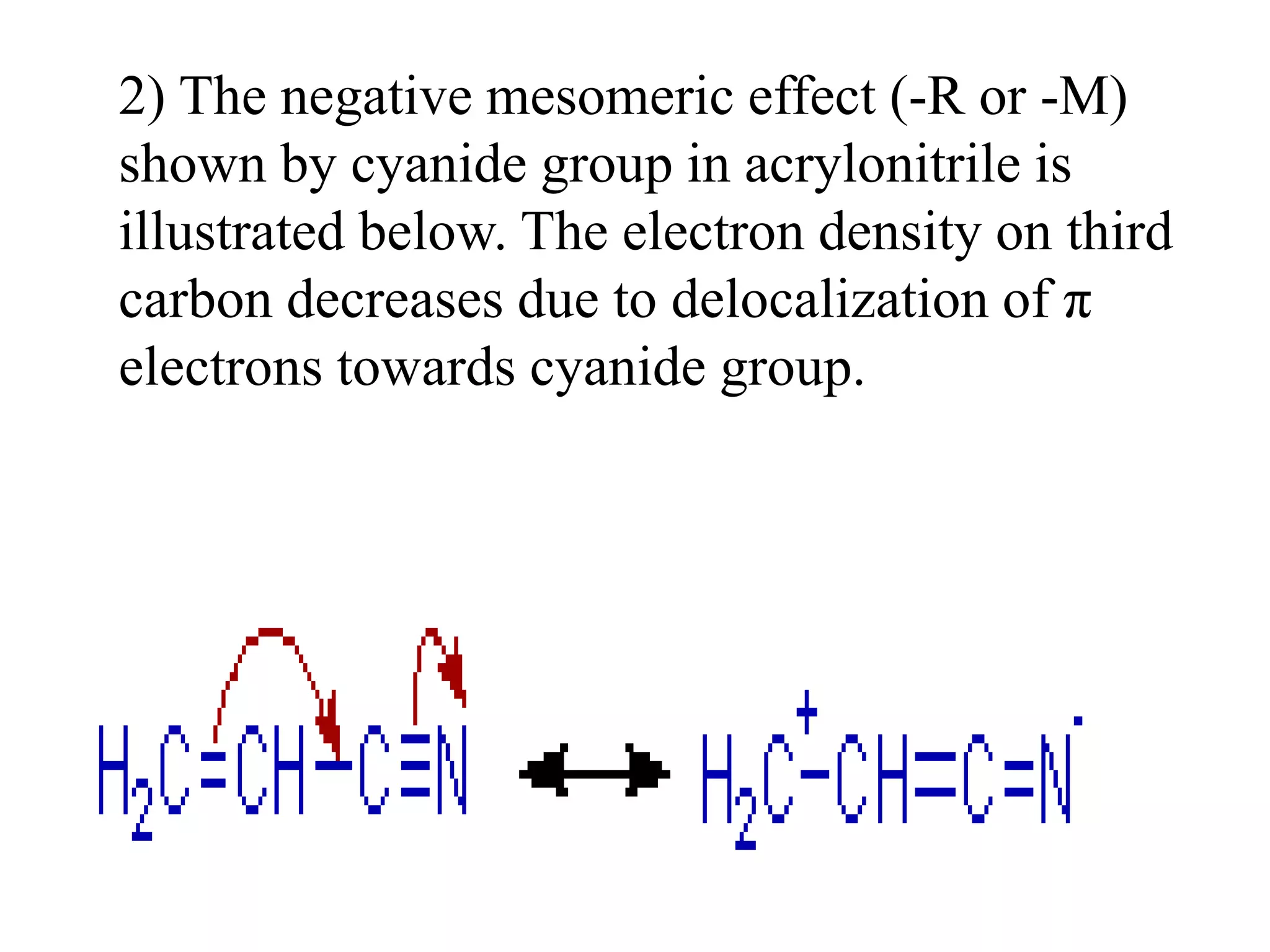 2) The negative mesomeric effect (-R or -M)
shown by cyanide group in acrylonitrile is
illustrated below. The electron density on third
carbon decreases due to delocalization of π
electrons towards cyanide group.
 