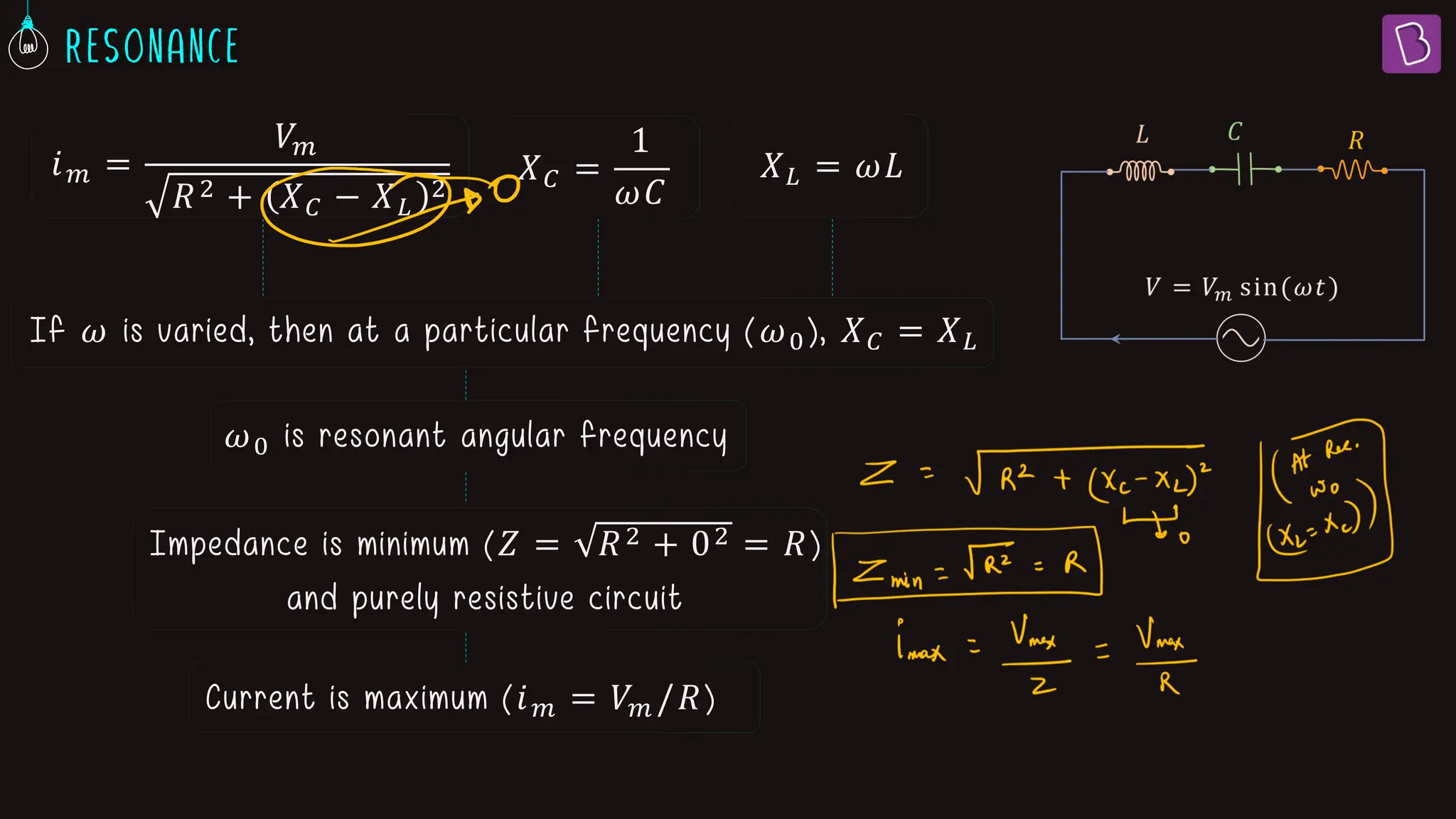 𝑖𝑚 =
𝑉𝑚
𝑅2 + 𝑋𝐶 − 𝑋𝐿
2
𝑋𝐶 =
1
𝜔𝐶
𝑋𝐿 = 𝜔𝐿
𝜔0 is resonant angular frequency
Impedance is minimum (𝑍 = 𝑅2 + 02 = 𝑅)
and purely resistive circuit
Current is maximum (𝑖𝑚 = 𝑉𝑚 /𝑅)
If 𝜔 is varied, then at a particular frequency (𝜔0), 𝑋𝐶 = 𝑋𝐿
 