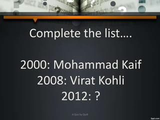 Complete the list….
2000: Mohammad Kaif
2008: Virat Kohli
2012: ?
A Quiz by Qui9
 