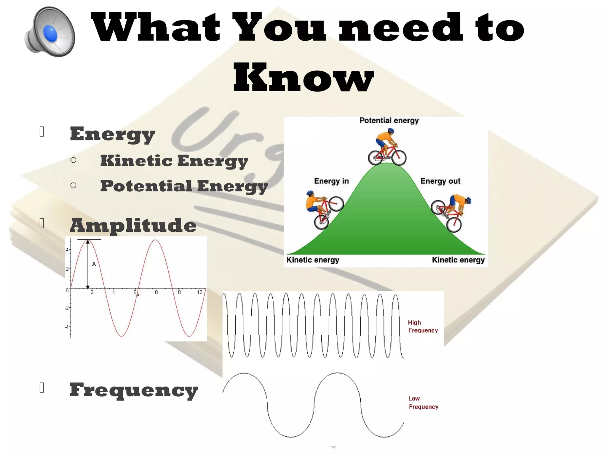 What You need to
             Know
   Energy
    o   Kinetic Energy
    o   Potential Energy

   Amplitude




   Frequency
 