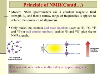 15
The spin state of a nucleus is affected by an applied magnetic
field….
 Modern NMR spectrometers use a constant magnetic field
strength B0, and then a narrow range of frequencies is applied to
achieve the resonance of all protons.
 Only nuclei that contain odd mass numbers (such as 1
H, 13
C, 19
F
and 31
P) or odd atomic numbers (such as 2
H and 14
N) give rise to
NMR signals.
 
