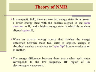 In a magnetic field, there are now two energy states for a proton:
a lower energy state with the nucleus aligned in the same
direction as Bo, and a higher energy state in which the nucleus
aligned against Bo.
When an external energy source that matches the energy
difference between these two states is applied, energy is
absorbed, causing the nucleus to “spin flip” from one orientation
to another.
The energy difference between these two nuclear spin states
corresponds to the low frequency RF region of the
electromagnetic spectrum.
6
 