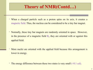  When a charged particle such as a proton spins on its axis, it creates a
magnetic field. Thus, the nucleus can be considered to be a tiny bar magnet.
 Normally, these tiny bar magnets are randomly oriented in space. However,
in the presence of a magnetic field B0, they are oriented with or against this
applied field.
 More nuclei are oriented with the applied field because this arrangement is
lower in energy.
 The energy difference between these two states is very small (<0.1 cal).
7
 
