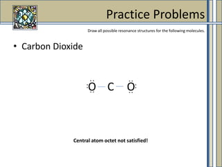 Carbon DioxidePractice ProblemsDraw all possible resonance structures for the following molecules.. .. .COO. .. .. .. .Central atom octet not satisfied!