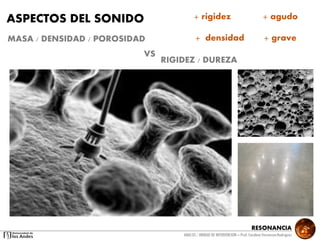 RESONANCIA
ANALSIS / UNIDAD DE INTERVENCION – Prof: Carolina StevensonRodriguez
MASA / DENSIDAD / POROSIDAD
RIGIDEZ / DUREZA
VS
ASPECTOS DEL SONIDO + rigidez + agudo
+ densidad + grave
 