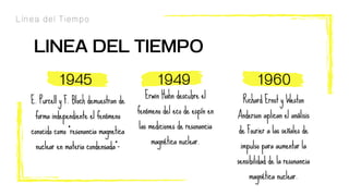 Línea del Tiempo
LINEA DEL TIEMPO
1945 1949 1960
E. Purcell y F. Bloch demuestran de
forma independiente el fenómeno
conocido como "resonancia magnetica
nuclear en materia condensada"-
Erwin Hahn descubre el
fenómeno del eco de espín en
las mediciones de resonancia
magnética nuclear.
Richard Ernst y Weston
Anderson aplican el análisis
de Fourier a las señales de
impulso para aumentar la
sensibilidad de la resonancia
magnética nuclear.
 